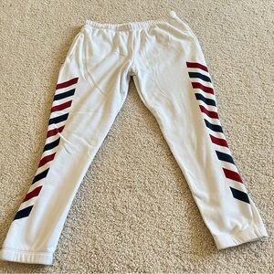 Grayson Threads Women’s White Joggers, Red, Blue Accents Soft Cuffed Leg size XL